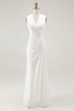 White Ruched V-Neck Sheath Bridal Shower Dress
