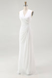 White Ruched V-Neck Sheath Bridal Shower Dress