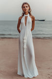 Halter Sheath Cut Out White Engagement Dress With 3D Flowers
