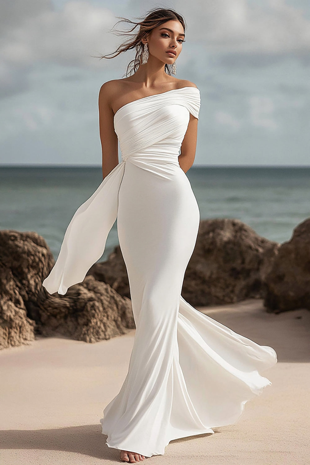 Berylove Women White Wedding Dress Mermaid Chiffon One Shoulder Engagement Dress, White / US18W Berylove Women White Wedding Dress Mermaid Chiffon One Shoulder Engagement Dress, White / US18W