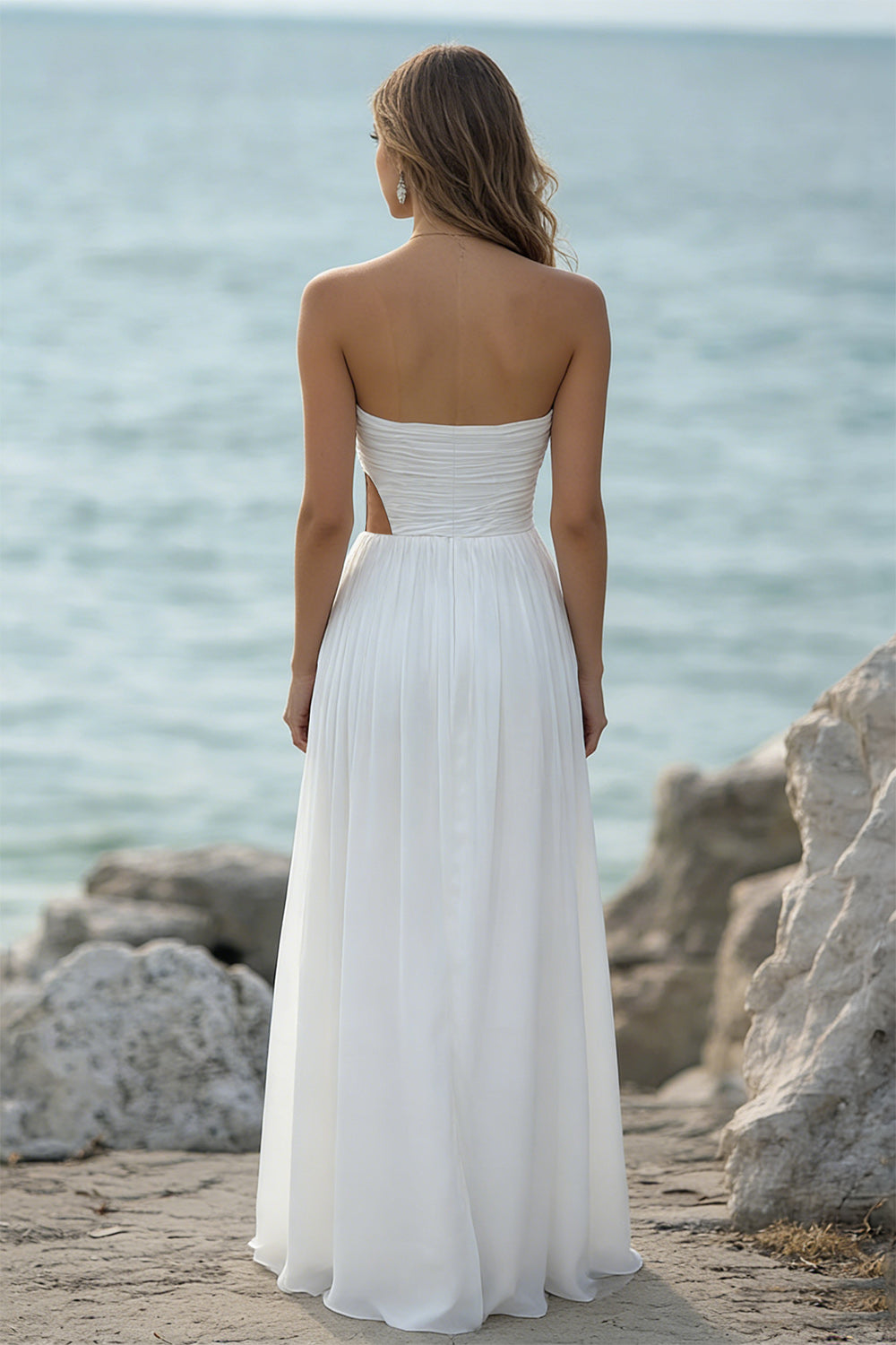 Berylove Women White Engagement Dress Ruched A Line Strapless Cut Out Chiffon Formal Dress With Slit