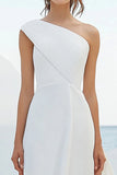 One Shoulder White Pleated Chiffon Formal Dress