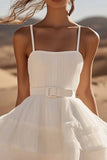 White A Line Spaghetti Straps Mini Dress With Belts