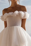 Off The Shoulder White A Line Graduation Dress With Sequins
