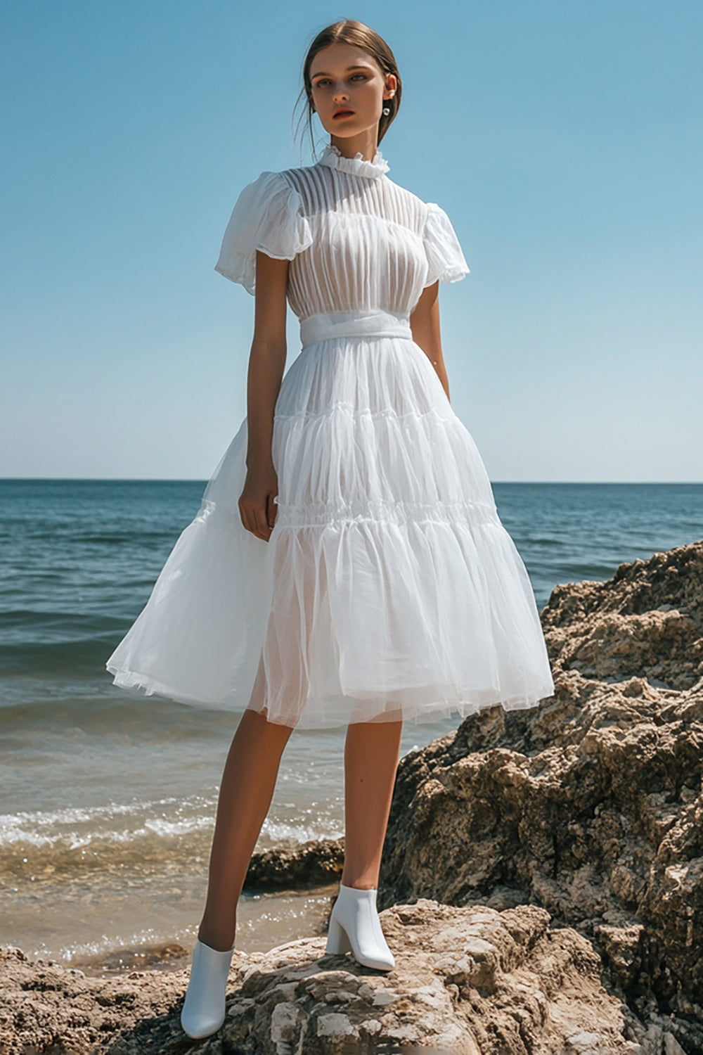 Berylove Women White Graduation Dress Cap Sleeve High Neck A Line Party Dress, White / US10 Berylove Women White Graduation Dress Cap Sleeve High Neck A Line Party Dress, White / US10