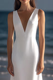 White V-Neck Sheath Satin Graduation Dress