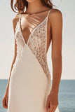 Spaghetti Straps Sheath Satin Lace White Maxi Dress