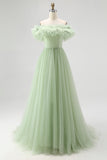 Dusty Sage Off The Shoulder A-Line Maxi Prom Dress With Ruffles