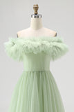 Dusty Sage Off The Shoulder A-Line Maxi Prom Dress With Ruffles