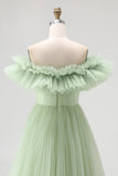 Dusty Sage Off The Shoulder A-Line Maxi Prom Dress With Ruffles