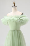 Dusty Sage Off The Shoulder A-Line Maxi Prom Dress With Ruffles