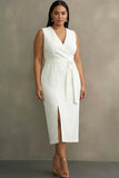 White Plus Size V-Neck Midi Formal Dress with Sash