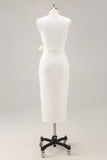 White Sheath V-Neck Formal Dress with Sash