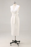 White Sheath V-Neck Formal Dress with Sash