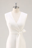 White Sheath V-Neck Formal Dress with Sash