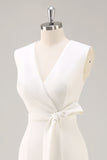White Sheath V-Neck Formal Dress with Sash