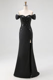 Off The Shoulder Sequin Sheath Blakc Tie Dress With Slit