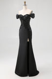 Off The Shoulder Sequin Sheath Blakc Tie Dress With Slit