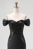 Off The Shoulder Sequin Sheath Blakc Tie Dress With Slit