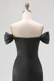 Off The Shoulder Sequin Sheath Blakc Tie Dress With Slit