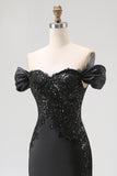 Off The Shoulder Sequin Sheath Blakc Tie Dress With Slit