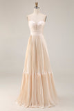 Strapless Champagne Pleated A-Line Wedding Guest Dress