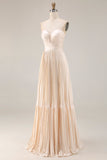 Strapless Champagne Pleated A-Line Wedding Guest Dress