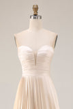 Strapless Champagne Pleated A-Line Wedding Guest Dress