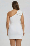 One Shoulder White Plus Size Bodycon Graduation Dress with Bow