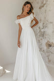 Off the Shoulder White A Line Pleated Chiffon Maxi Dress