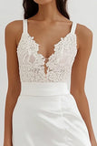 White Lace Satin A Line Midi Graduation Dress