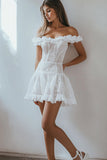 White A Line Off The Shoulder Ruffles Lace Short Graduation Dress