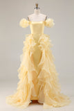 Yellow A-Line Off The Shoulder Prom Dress With Ruffles