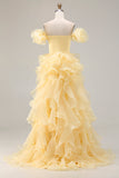 Yellow A-Line Off The Shoulder Prom Dress With Ruffles