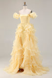 Yellow A-Line Off The Shoulder Prom Dress With Ruffles