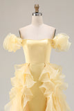 Yellow A-Line Off The Shoulder Prom Dress With Ruffles