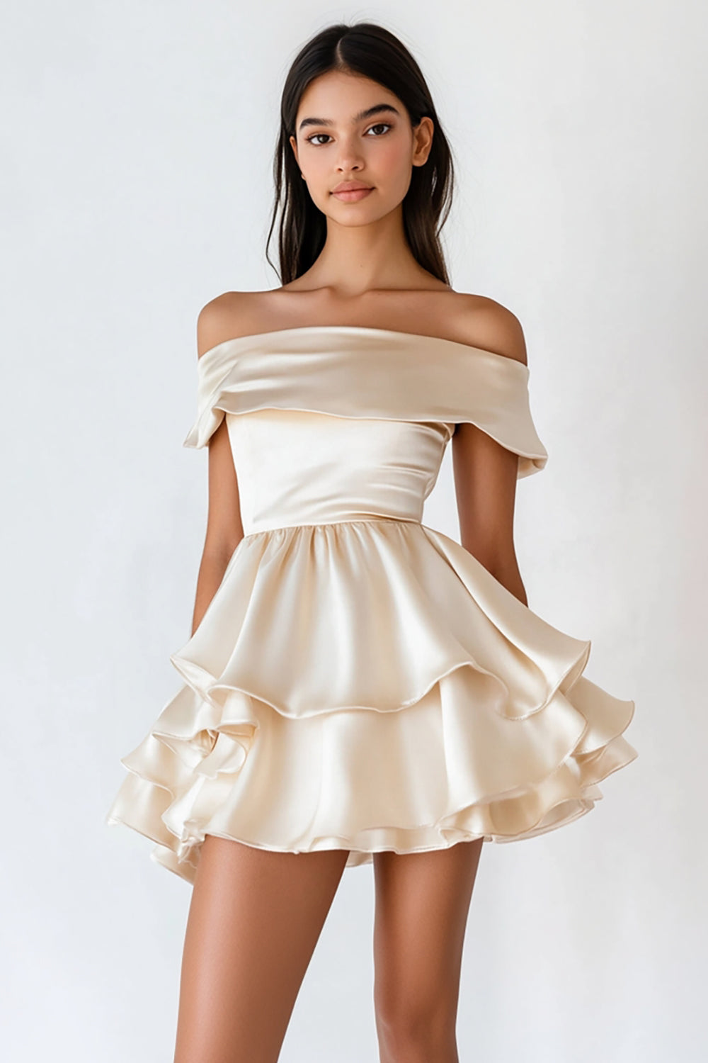 Berylove Women Off The Shoulder Champagne Mini Dress A Line Tiered Ruffled Satin Graduation Dress, Champagne / US22W Berylove Women Off The Shoulder Champagne Mini Dress A Line Tiered Ruffled Satin Graduation Dress, Champagne / US22W