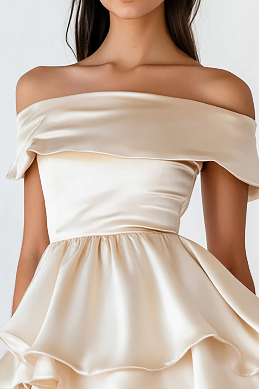 Berylove Women Off The Shoulder Champagne Mini Dress A Line Tiered Ruffled Satin Graduation Dress, Champagne / US22W Berylove Women Off The Shoulder Champagne Mini Dress A Line Tiered Ruffled Satin Graduation Dress, Champagne / US22W