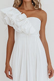 One Shoulder A Line Ruffled White Engagement Dress