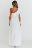 One Shoulder A Line Ruffled White Engagement Dress