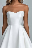 White A Line Strapless Satin Tea Length Party Dress