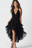 Black V-Neck A Line Ruffled Asymmetrical Dress