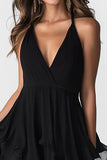 Black V-Neck A Line Ruffled Asymmetrical Dress
