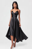V-Neck A Line Satin Black Tie Dress