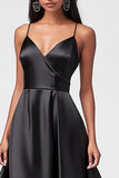 V-Neck A Line Satin Black Tie Dress