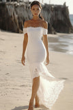 White Off The Shoulder Asymmetrical Graduation Dress With Lace