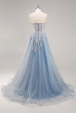 Dusty Blue A Line Strapless Corset Beaded Long Prom Dress with Slit