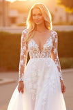 White Long Sleeve A Line Wedding Dress with Appliques