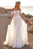 Boho White Off the Shoulder Wedding Dress with Appliques