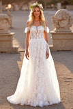 Boho White Off the Shoulder Wedding Dress with Appliques